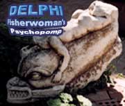 Caption reads 'Delphi, Fisherwoman's Psychopomp;, photo of a statue of a  dolphin with a woman atop it is from the Ephesian Museum in Selchuk, Turkey; photo by Jim McPherson, 2003