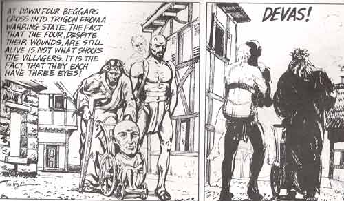 Sedon and the Thrygragos Brothers limp into New Weirworld's Trigon, as depicted by Ian Fry, 1998"