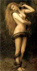 Woman wrapped in a thick snake, painting entitled Lilith is by Collier
