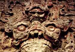 Statue spotted outdoors in Copan Honduras that might represent a  Vampire God, photo by JIm McPherson, 2003